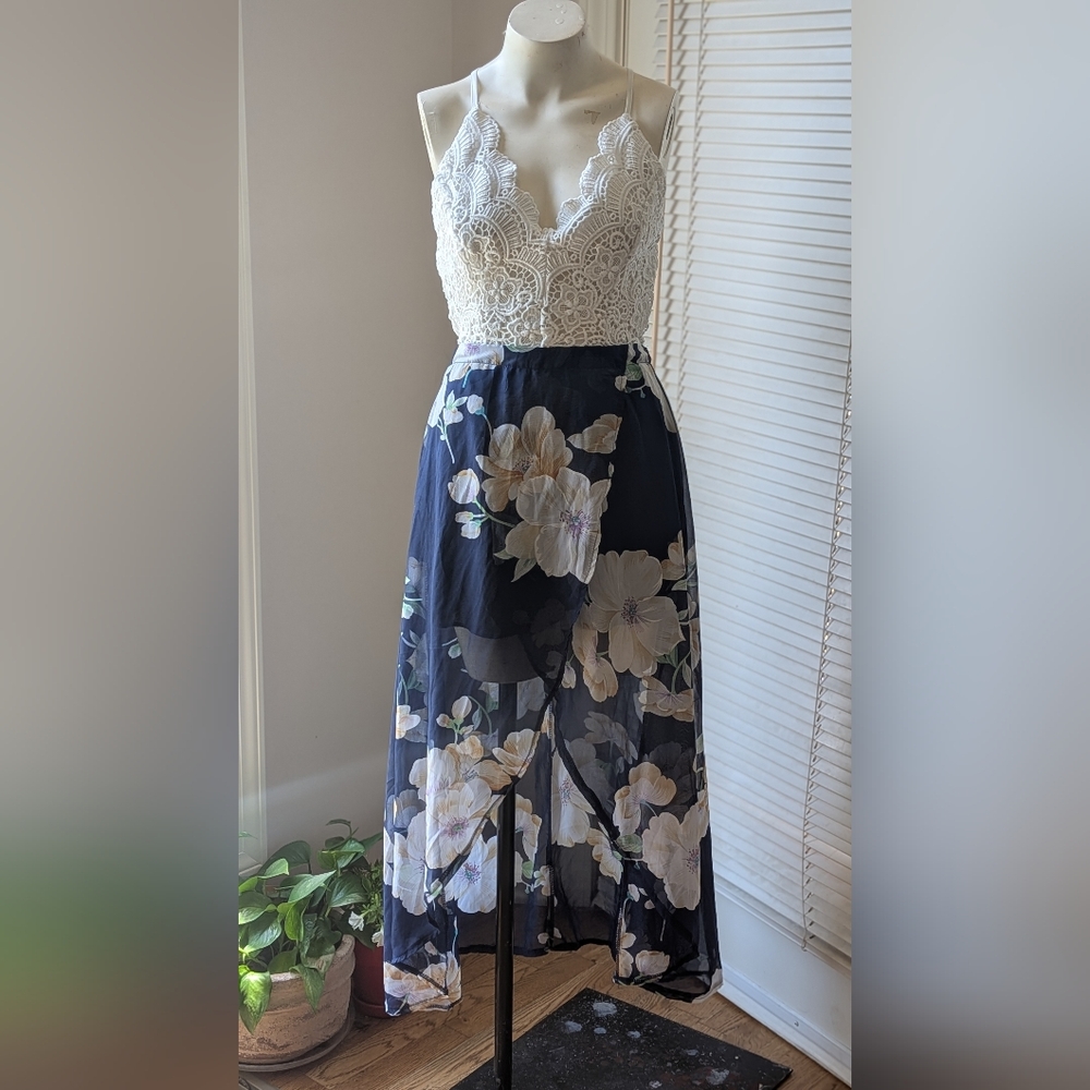 White Lace Top with Floral Skirt Dress